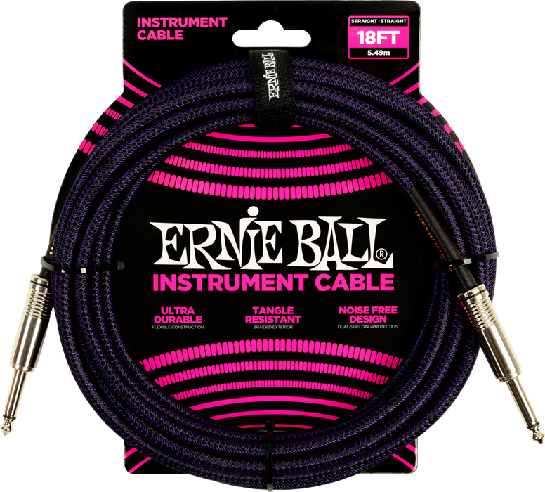 Ernie Ball Braided Cable P06395 - 18FT Purple/Black - Guitar Warehouse