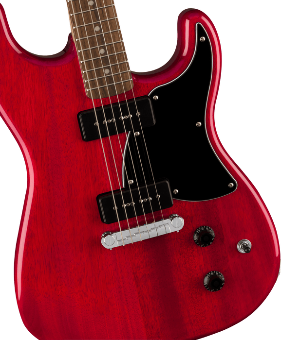 Fender Squier Paranormal Strat-O-Sonic, Laurel Fingerboard, Black Pickguard, Crimson Red Transparent - Guitar Warehouse