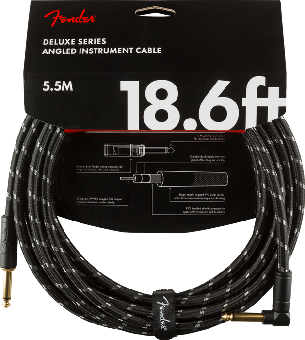 Fender Deluxe Series Instrument Cable, Straight/Angle 18.6ft / 5.5m - Black Tweed