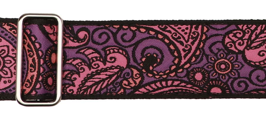 Vintage Jacquard Weave Premium Guitar Strap Cotton/Leather - Black/Purple/Pink - Guitar Warehouse