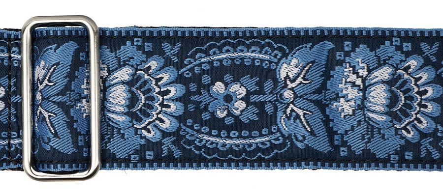 Vintage Jacquard Weave Premium Guitar Strap Cotton/Leather - Dark Blue/Grey - Guitar Warehouse