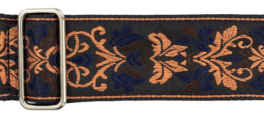 Vintage Jacquard Weave Premium Guitar Strap Cotton/Leather - Black/Blue/Orange - Guitar Warehouse