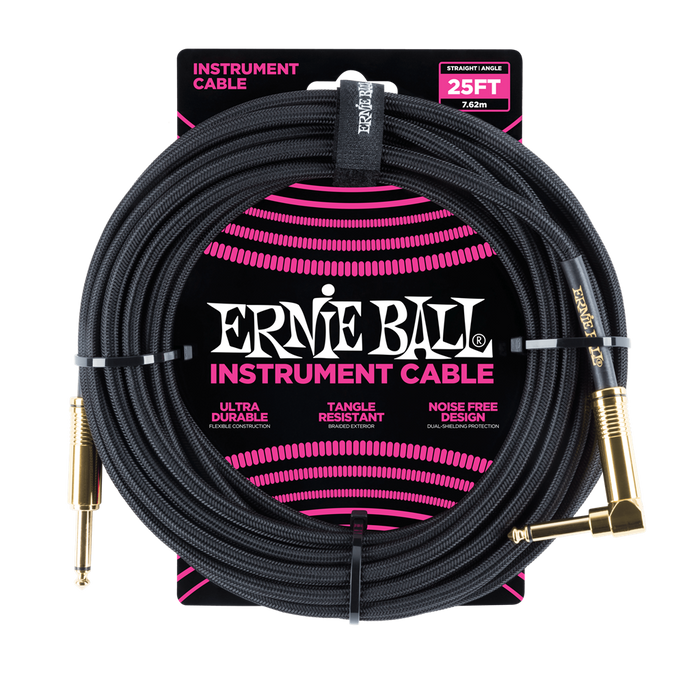 Ernie Ball Braided Instrument Cable - 25ft Black Straight to Angled - Guitar Warehouse