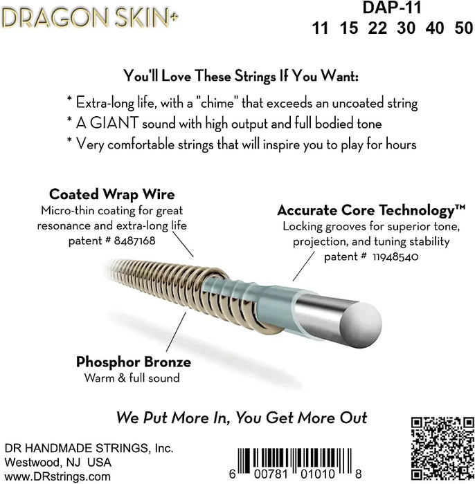 DR Strings Dragon Skin+ DAP-11 Coated Phosphor Bronze Acoustic Guitar Strings 11-50 Custom Light