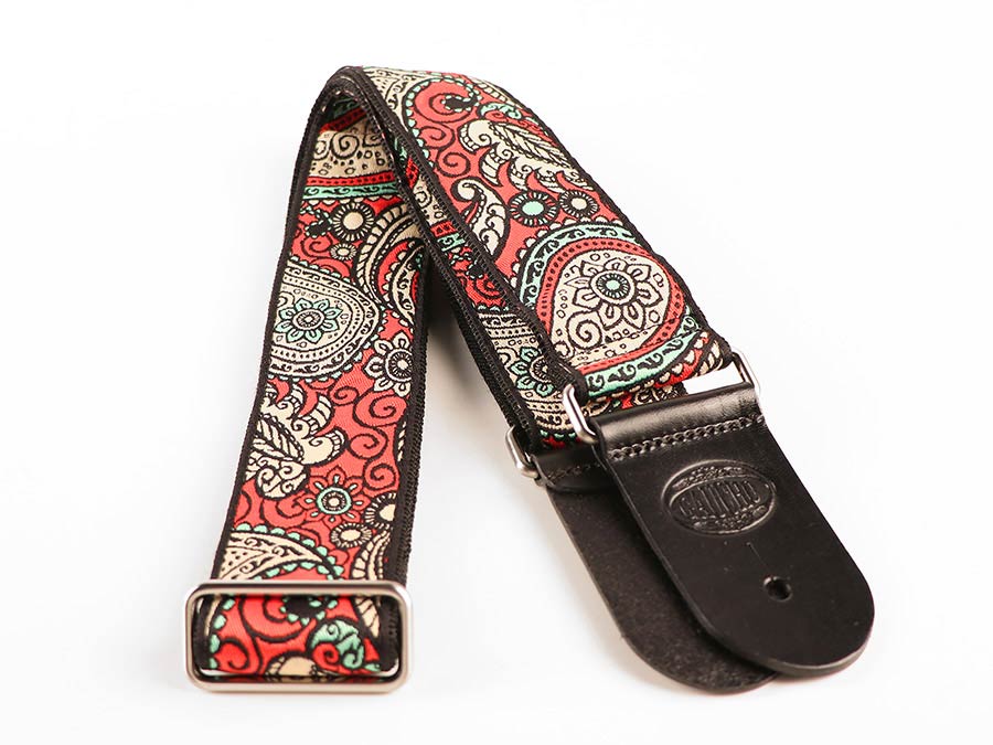 Vintage Jacquard Weave Premium Guitar Strap Cotton/Leather - Red & Gold - Guitar Warehouse