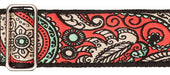 Vintage Jacquard Weave Premium Guitar Strap Cotton/Leather - Red & Gold - Guitar Warehouse
