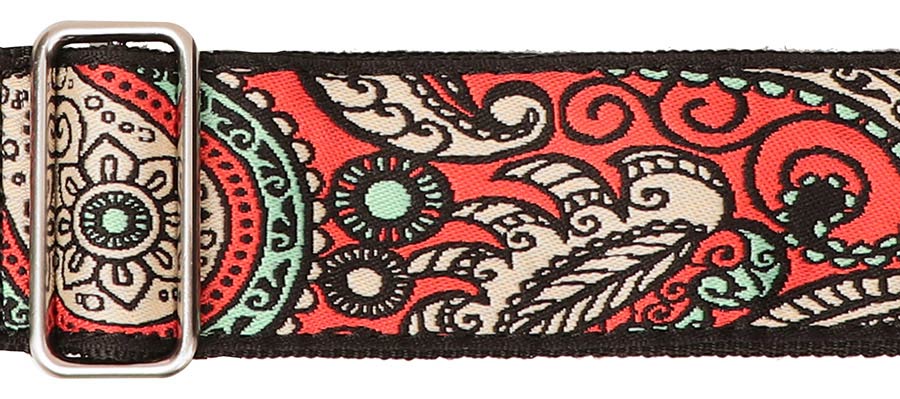 Vintage Jacquard Weave Premium Guitar Strap Cotton/Leather - Red & Gold - Guitar Warehouse