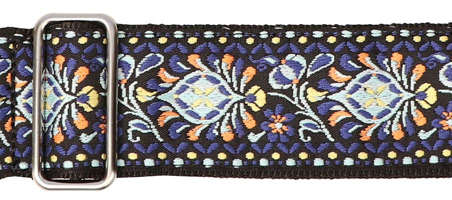 Vintage Jacquard Weave Premium Guitar Strap Cotton/Leather - Blue/Yellow - Guitar Warehouse