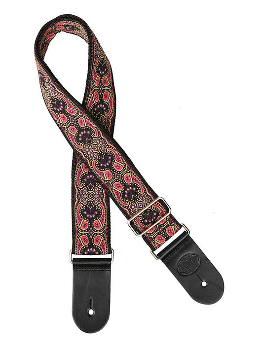 Vintage Jacquard Weave Premium Guitar Strap Cotton/Leather - Pink & Purple - Guitar Warehouse