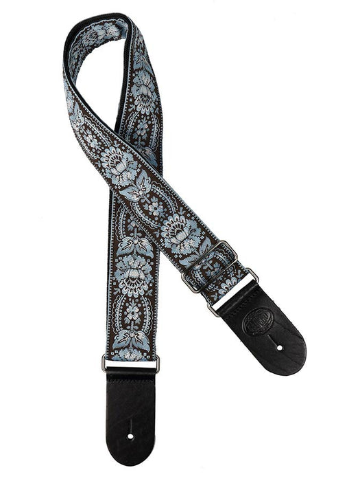 Vintage Jacquard Weave Premium Guitar Strap Cotton/Leather - Blue/Brown - Guitar Warehouse
