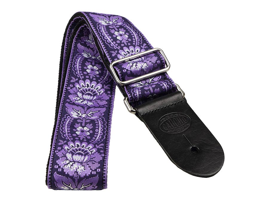 Vintage Jacquard Weave Premium Guitar Strap Cotton/Leather - Blue/Yellow - Guitar Warehouse