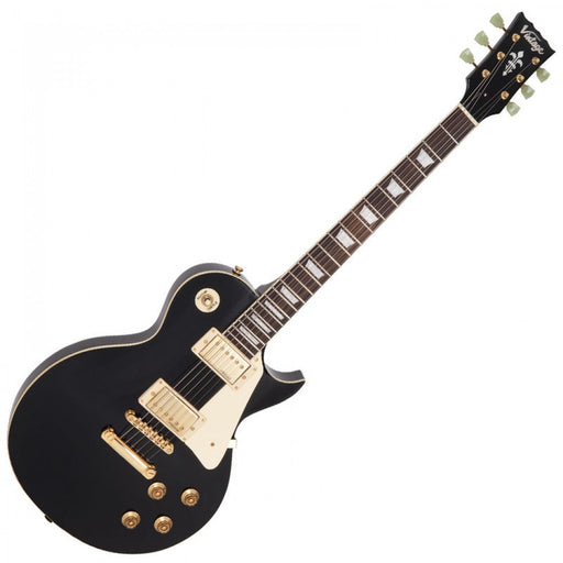 Vintage V100 Reissued Electric Guitar ~ Gloss Black/Gold - Guitar Warehouse